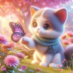 Whimsical Encounter: Tuxedo Kitten and Monarch Butterfly in a Pink Garden