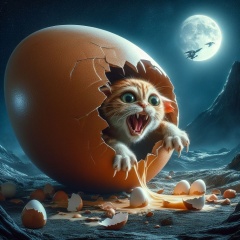 Feline Nightmare: Giant Egg Cracks in HR Giger Style, Unleashing a Startling Kitten