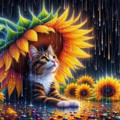 Serene Harmony: Tabby Cat Sheltered Beneath a Rain-Drenched Sunflower
