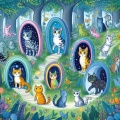 Whimsical Origins: Cats Emerging from Enigmatic Portals in a Magical Forest