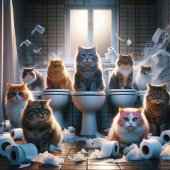 Chaos Unleashed: 8 Multicolored Cats in a Bathroom Disaster Scene