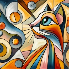 Picasso Inspired: Vibrant Cat with Long Neck in Geometric Mosaic