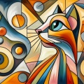 Picasso Inspired: Vibrant Cat with Long Neck in Geometric Mosaic