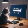 Office Cat Meme: Tuxedo Cat Typing 'I AM NOT A CAT' on Desktop Computer