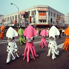 Whimsical Wonders: 7 Cats Don Squid Costumes, Stroll 1968 Hollywood Streets