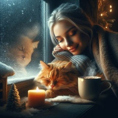Cozy Winter Scene: Sleeping Cat, Snowstorm, and Hot Chocolate Bliss