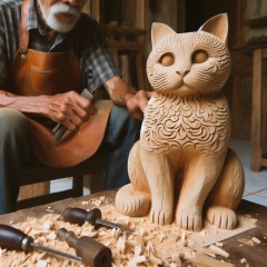 Serenity in Wood: Intricately Carved Cat by Master Craftsman