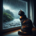 Enigmatic Serenity: Tortoiseshell Cat Amidst a Stormy Garden Scene