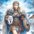 Nordic Majesty: A Watercolor Portrait of a Viking Warrior Maiden and her Feline Companion