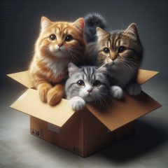 Cozy Conundrum: Three Cats Squeezing into a Tiny Cardboard Box