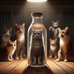 Captured Horror: A Cat Trapped in a Transparent Bottle, Witnessed by Fellow Felines