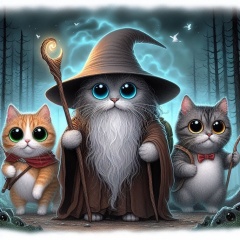 Feline Fellowship: Gandalf, Frodo, and Sam in the Enchanted Forest - Lord of the Rings Inspired Art