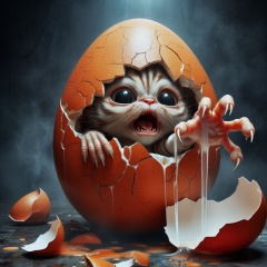 Ethereal Horror: Giant Egg Cracked in HR Giger Style with Terrifying Kitten Emergence