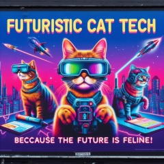 Futuristic Feline Frenzy: Hilarious Cat Tech Advertisement in a Vibrant Cityscape