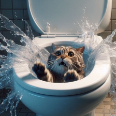 Startled Feline Splash: Slow Motion Jump from Toilet Scene