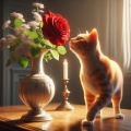 Curious Encounter: Orange Cat Investigating a Red Rose