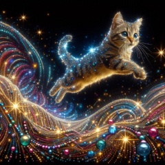 Whimsical Journey: A Cat's Leap Through the Enchanted Hills of Light