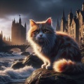 Highland Majesty: Photorealistic Portrait of a Scottish Longhair Cat by the Riverbank