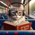 Whiskered Commuter: Cat in Headphones Engrossed in '50 SHADES OF STRAY' on Bus Ride