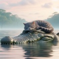 Surreal Serenity: Tabby Cat Naps atop Crocodile in Hazy Jungle Scene