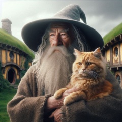 Gandalf's Tender Embrace: A Photorealistic Portrait with an Old Cat in Hobbiton