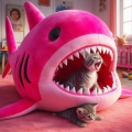 Humorous Encounter: Kittens and the Giant Pink Shark Plushie