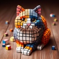Whimsical Rubik's Cat: Abstract Feline Lounging on Wooden Floor