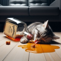 Tipsy Tabby: Hilarious Scene of a Cat Getting Drunk on Whiskey in a Living Room