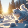 Snowy Serenity: A Photorealistic Depiction of a Playful White Cat in the Early Morning Snow