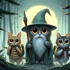 Feline Fellowship: Gandalf and Hobbit Cats Journey Through the Eerie Forest of Middle-earth