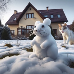 Snow Mouse Play: A Photorealistic Encounter Between Cat and Child-Created Sculpture