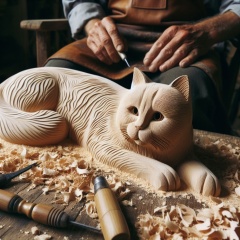 Timeless Craft: The Wood-Carved Majesty of the Elder's Feline Creation