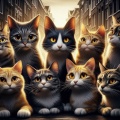 Dutch Feline Dawn: Photorealistic Cat Ensemble in City Street Backlight