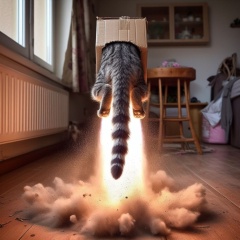 Surprise Launch: Feral Cat Takes Flight from Ground, Head Stuck in Cardboard Box