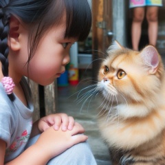 Tense Encounter: Asian Girl Stares Down Bold Cat on City Street