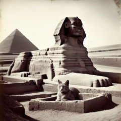 Vintage 1930s Photograph: Sphinx and Cat in Giza Desert