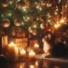 Enchanting Christmas Scene: Cat Mesmerized by Decorated Tree