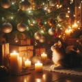 Enchanting Christmas Scene: Cat Mesmerized by Decorated Tree