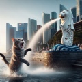 Splash of Surprises: Startled Cat vs. Merlion in Singapore Skyline Scene