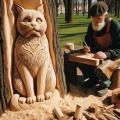 Majestic Wood Carving: Intricate Cat Sculpture Emerges from Nature's Canvas