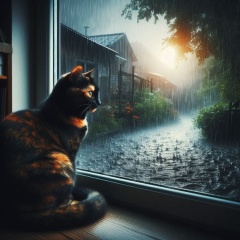 Rainy Day Reflections: Tortoiseshell Cat in Window Amidst Thunderstorm
