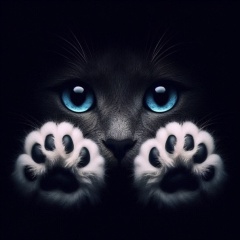 Whispers of Midnight: Enchanting Close-up of a Cat with Luminous Blue Eyes and Fluffy Paws
