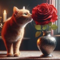 Curiosity Bloomed: an Orange Cat and a Red Rose