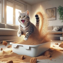 Dynamic Hyperrealistic: Cheerful Tabby Cat Unleashing a Sand Explosion in Modern Living Room