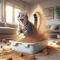 Dynamic Hyperrealistic: Cheerful Tabby Cat Unleashing a Sand Explosion in Modern Living Room