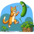 Startled Cat Leaps in Fear: Outdoor Scene with Cucumber Plant