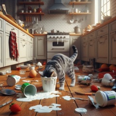 Feline Frenzy: Cat in Chaos with Yoghurt Cup Mishap
