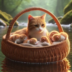 Tranquil River: Nursing Mother Cat and Kittens