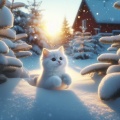 Frosty Feline Frolic: A Photorealistic Snowscape with a Playful White Cat