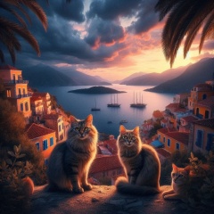 Cinematic Cats of Greece: Photorealistic Portrayal in Coastal Village Sunset